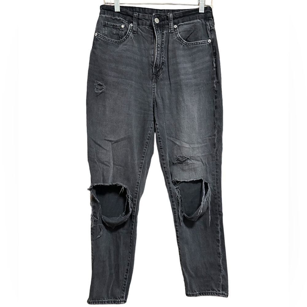H&M &denim Black Distressed Ultra High Waist Mom Jeans Size 8